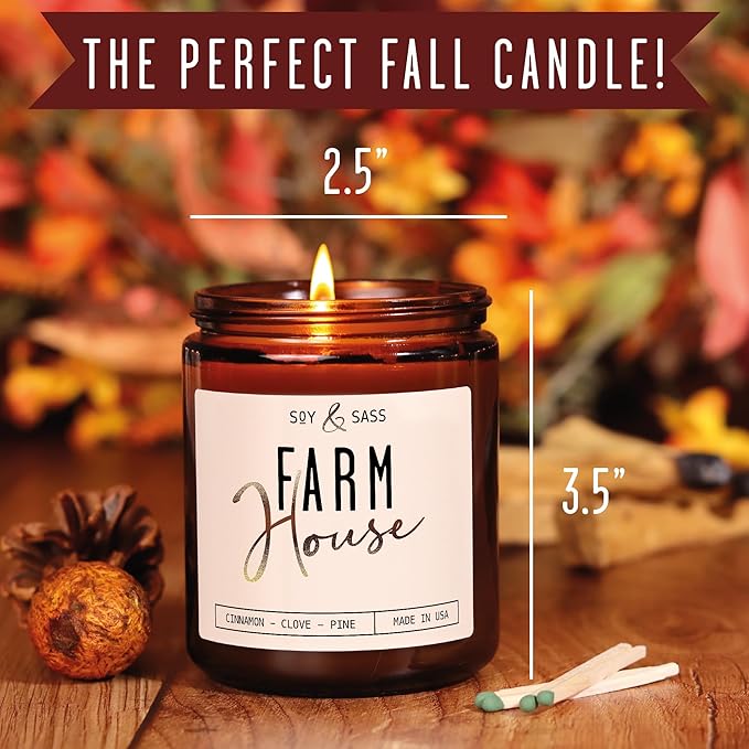 Fall Candles - 'Farmhouse' Autumn Scented Soy Candles for Home, w/Cinnamon, Clove & Pine I Infused with Essential Oils I Farmhouse Décor, 9oz Reusable Jar, 50Hr Burn, Made in USA