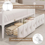 Full Upholstered Canopy Bed Frame with 2 Drawers & Crystal Tufted Storage Headboard Metal Platform Bed with Charging Station & 4 Removable Posts No Box Spring Needed Curtain Not Included, Beige