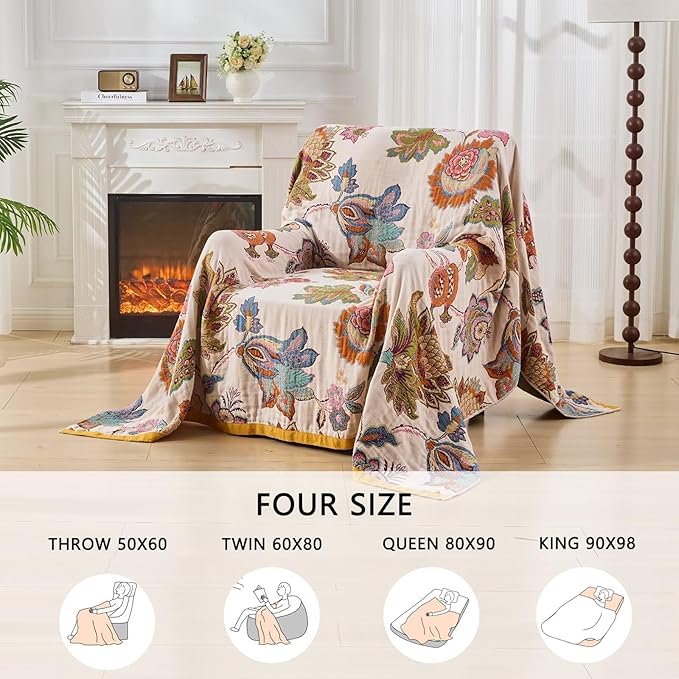 Boho Throw Blanket Reversible Muslin Bohemian Tapestry, Flower Decorated Bohemian Sofa Blanket, Lightweight Breathable 100% Cotton Throw Blanket, Chair Blanket, 50"x60"