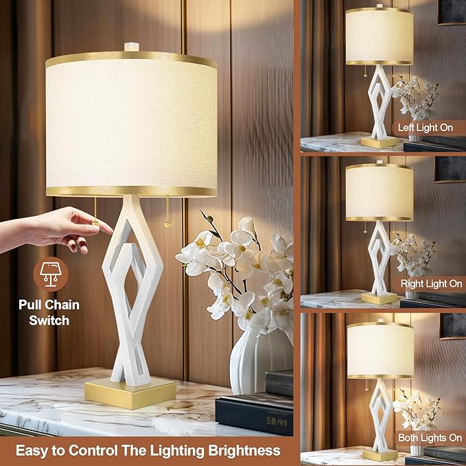 Sculptural Table Lamp Set of 2 for Bedroom, 26” White Modern Bedside Lamps for Living Room, White Linen with Gold Trim Shade, Dual S Nightstand Lamp Metal Base with USB for Home Decor (Bulbs Included)