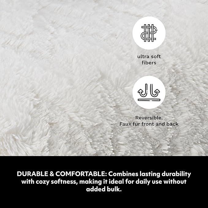 Mon Chateau Premium Reversible Queen Size Luxury Faux Fur Throw for Couch, Sofa, or Queen Size Bed - Plush Cozy Soft Blanket for Sleeping or Home Décor, 60" x 70" (Ivory Jacquard)