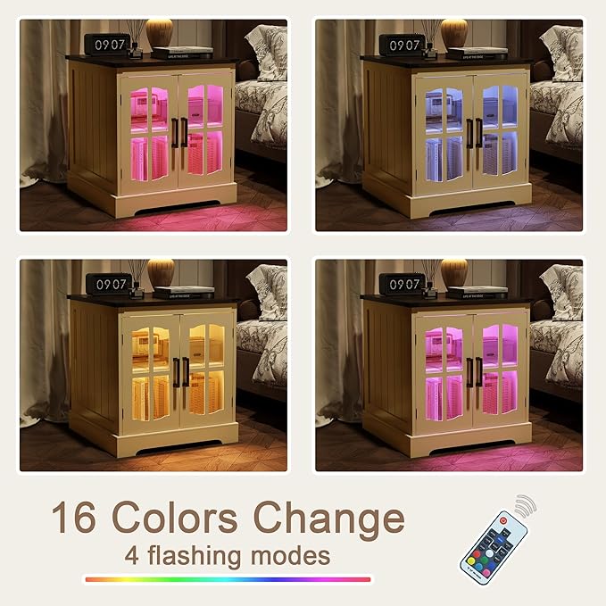 ChooChoo Farmhouse End Table Set of 2, 24" Large Sofa Side Table with Charging Station & LED Light, Nightstand with Adjustable Storage Shelf for Living Room Beige (Cream Mix with White)