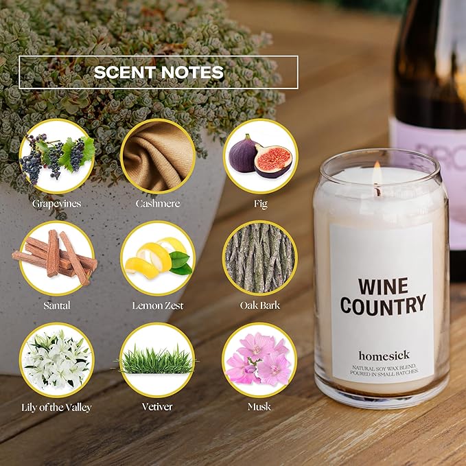 Homesick Scented Candles for Home (Wine Country) - 13.75 oz Long-Lasting Soy Wax Blend Jar Candle Gifts for Women & Men, 60-80 Hours Burn Time - Notes of Grapevines, Santal & Lily of The Valley