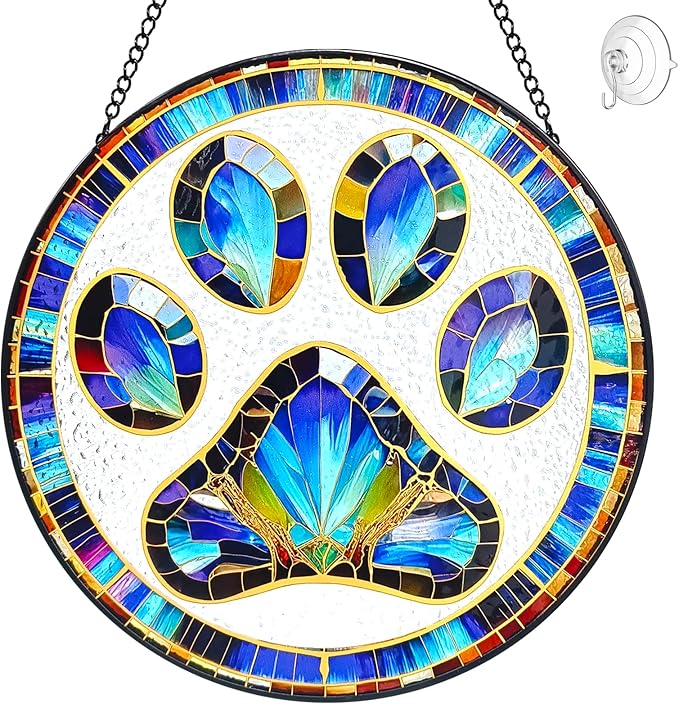 Paw Print Suncatcher Stained Glass Window Hanging - 8” Paw Print Stained Glass Suncatchers for Windows - Sun Catchers Indoor Window Catcher with Hooks and Chain - Dog Memorial Gifts for Mom Grandma
