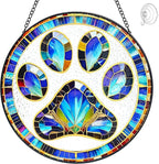 Paw Print Suncatcher Stained Glass Window Hanging - 8” Paw Print Stained Glass Suncatchers for Windows - Sun Catchers Indoor Window Catcher with Hooks and Chain - Dog Memorial Gifts for Mom Grandma