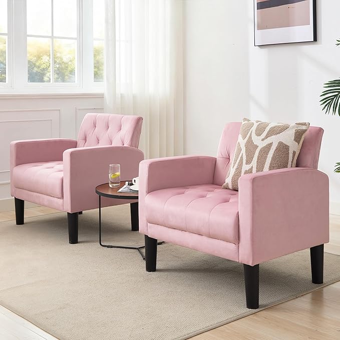 TYBOATLE Accent Chairs Set of 2, Mid Century Modern Upholstered Tufted Living Room Chair for Bedroom, Armchair Single Sofa,Reading Lounging Side Lounge Office Chair (Pink)