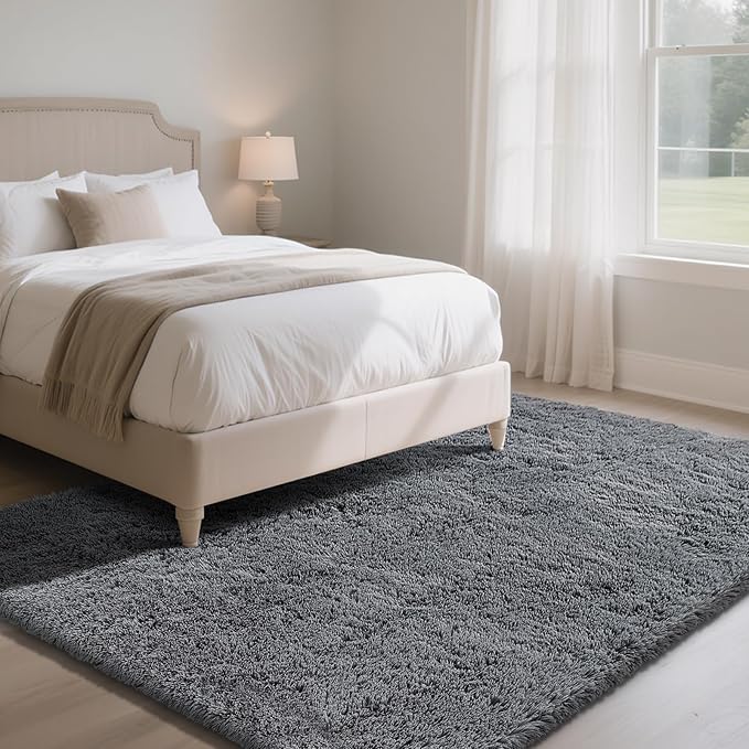 Fluffy Rug Shaggy Area Rug, Dark Grey 5x8 Area Rugs for Bedroom, Small Bedside Rug, Soft Fluffy Shaggy Entryway Throw Rugs for Living Room Bedroom Kids Room Home Decor