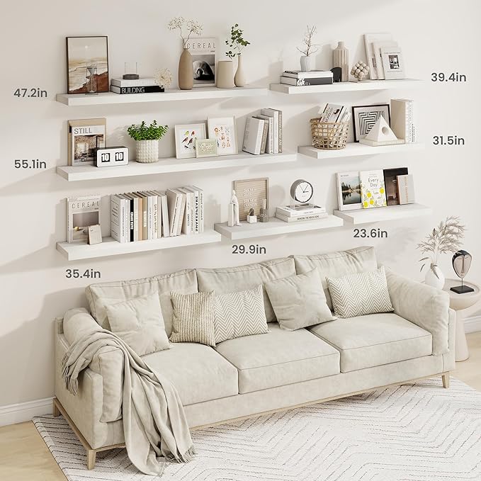 36 Inch Floating Shelves, 9.3 Inch Deep Rustic Wall Shelves - Extra Deeper Wall Mounted Storage Shelves for Bathroom, Kitchen, Living Room (White, Set of 2)