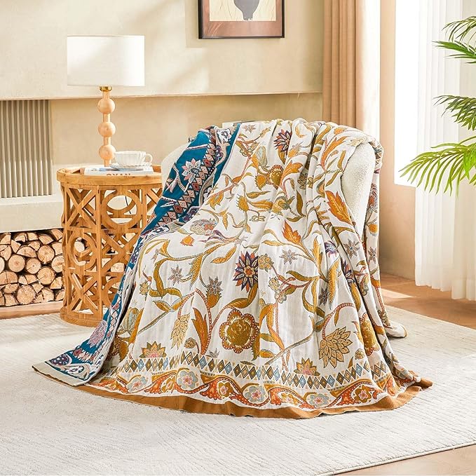 Fall Throw Blanket for Couch, Brown Boho Decorative Throw Blanket, 100% Cotton Muslin Breathable Woven Farmhouse Blankets Quilt, 50"x60" Reversible Lightweight Blankets Bohemian Throw Quilt