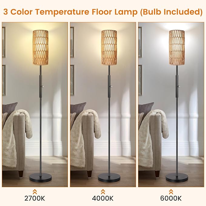 PARTPHONER Boho Floor Lamp for Living Room with 3 Color Temperatures LED Bulb, Standing Lamp Tall Lamp Reading for Bedroom, Office, Kids Room (9W LED Bulb, Rattan & Fabric Shades Included)