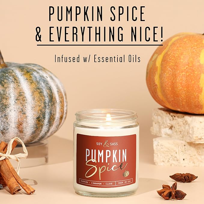 Pumpkin Spice Candle, Fall Candles - 'Pumpkin Spice' Pumpkin Candle I Infused w/Essential Oils I Autumn Scented Soy Candles for Home I Fall Home Décor I 9oz Reusable Jar, 50Hr Burn, Made in USA