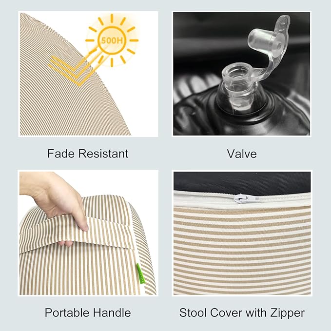 LVTXIII Inflatable Stool Ottoman Footrest with Handle, All Weather Foot Rest, Indoor or Outdoor Use for Home Patio Garden and Camping, D21 x H9, Stripe Beige