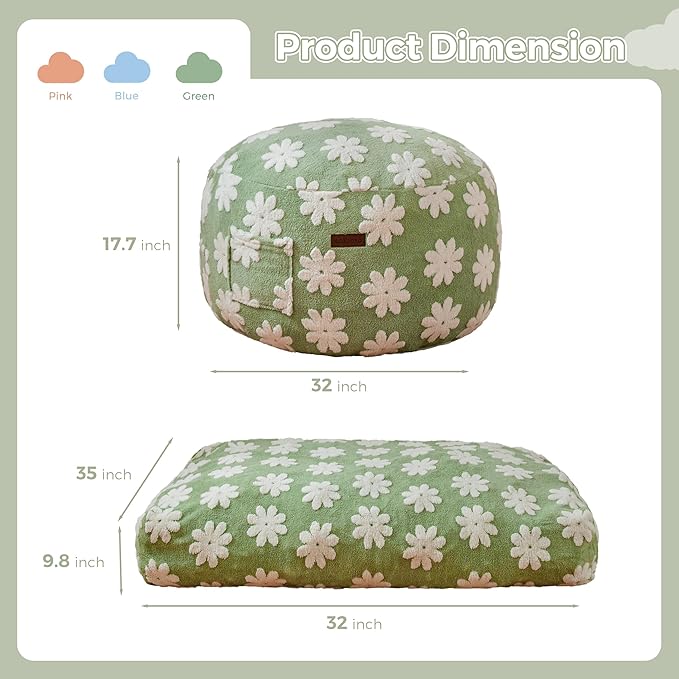 MAXYOYO Bean Bag Chair Bed for Kids, Convertible Bean Bag from Lazy Chair to Floor Bed, Fresh Floral Design Cover, Stuffed Floor Sofa Couch for Boys and Girls, High-Density Foam Filling, Green