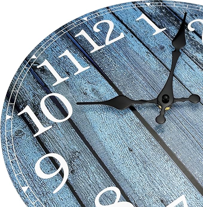 Plumeet Wall Clock, 12'' Frameless Wooden Wall Clocks with Silent Quartz Movement, Rustic Coastal Country Village Clocks Decorative for Kitchen Bedroom Living Room, Blue
