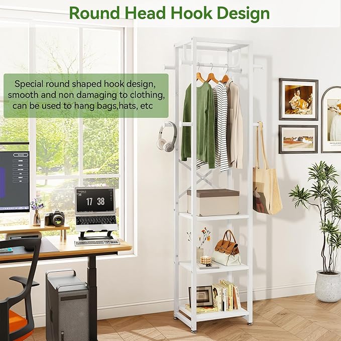 IBUYKE Coat Rack with Shelves, Freestanding Hall Tree with 3 Shelves and 8 Hooks, Industrial Clothes Stand for Entryway, Hallway, Bedroom, White UTMJ088W