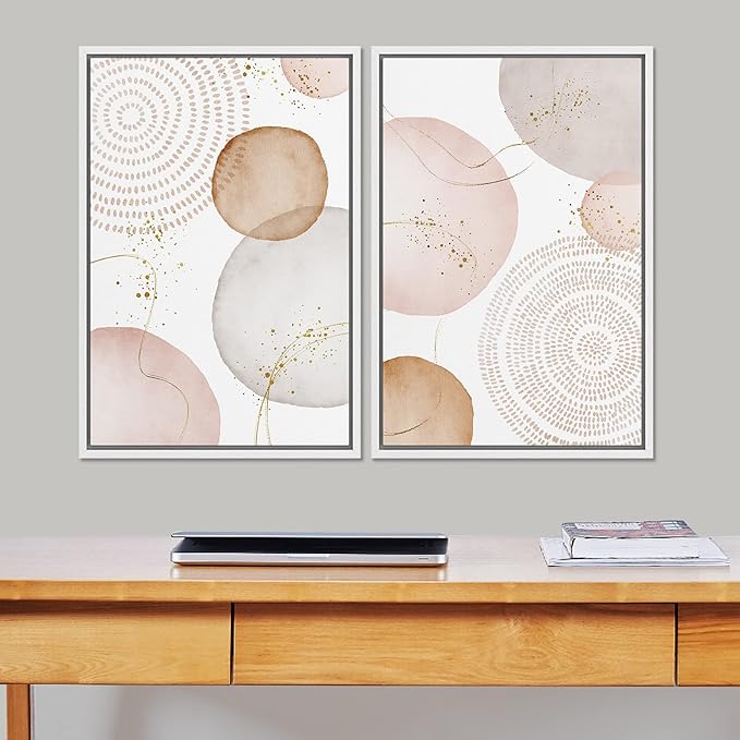 SIGNFORD Framed Wall Art Print Set Pastel Pink Gray Watercolor Circles Abstract Shapes Illustrations Modern Minimalist Relax/Calm Multicolor for Living Room, Bedroom, Office - 24"x36"x2 White