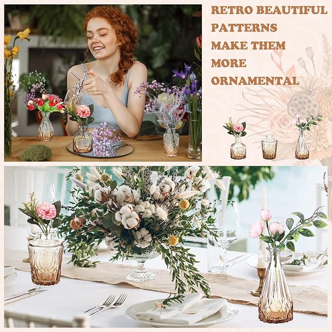 20 Pcs Glass Bud Vase Set Small Vintage Flower Vase in Bulk for Centerpieces Rustic Decorative Glass for Wedding Table Home Christmas Decoration (Amber)