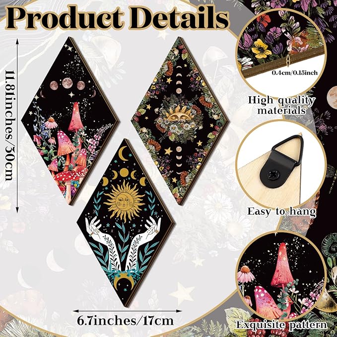 Qunclay 6 Pcs Rustic Boho Wall Decor Gothic Wall Art Witchy Phases Moon Sun Home Decor Wooden Farmhouse Hanging Halloween Christmas Decoration(Classic Style)