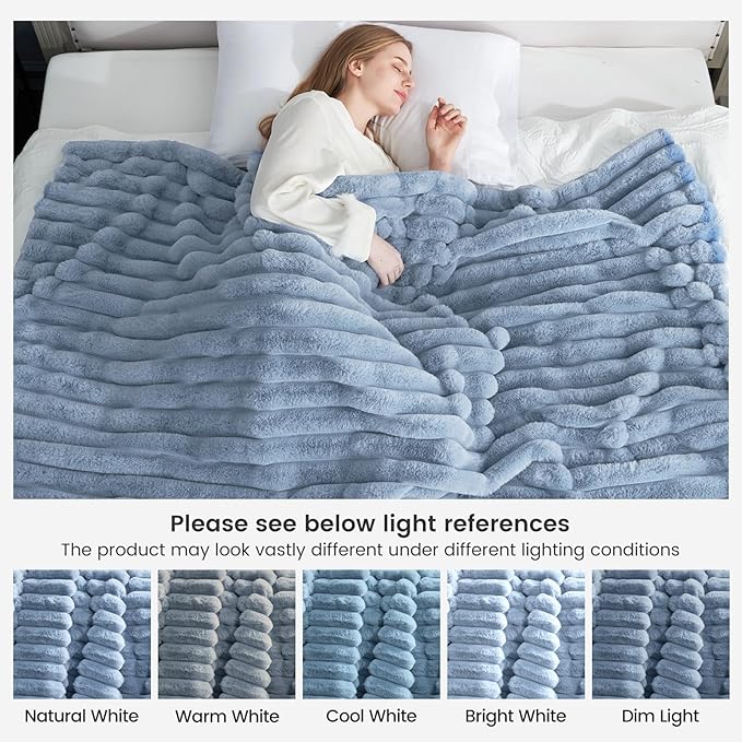 Cozy Bliss Faux Fur Throw Blanket for Couch, Cozy Warm Plush Striped Blanket for Sofa Bedroom Living Room,50 * 60 Inches Light Blue