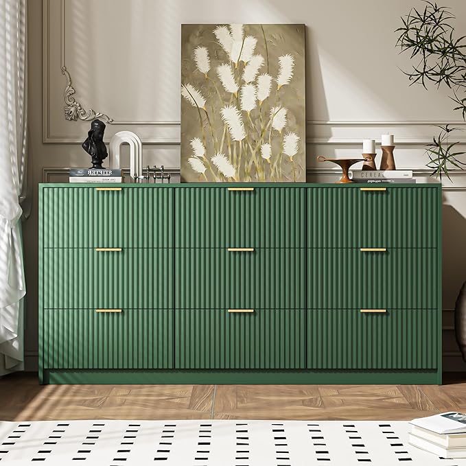 Green Dresser for Bedroom, 9 Drawer Double Dresser, Modern Chest of Drawers for Bedroom, Living Room, Entryway and Closet, 63" L x 15.7" D x 31.5" H