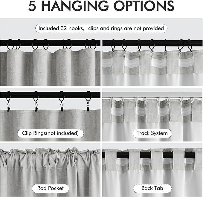 MIULEE 100% Blackout Curtains 120 Inch Long 2 Panels for Bedroom, Thick Luxury Faux Linen Black Out Curtain Room Darkening Back Tab Pleat Window Textured Drapes with Hooks for Living Room, Gery