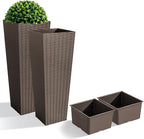 JUMMICO Set of 2 Resin Rattan Tall Planters for Outdoor Plants, Large Tapered Planters with Drainage Holes&Inner Trays, Flower Pots for Garden, Patio, Porch, Backyard (Brown, 32'')