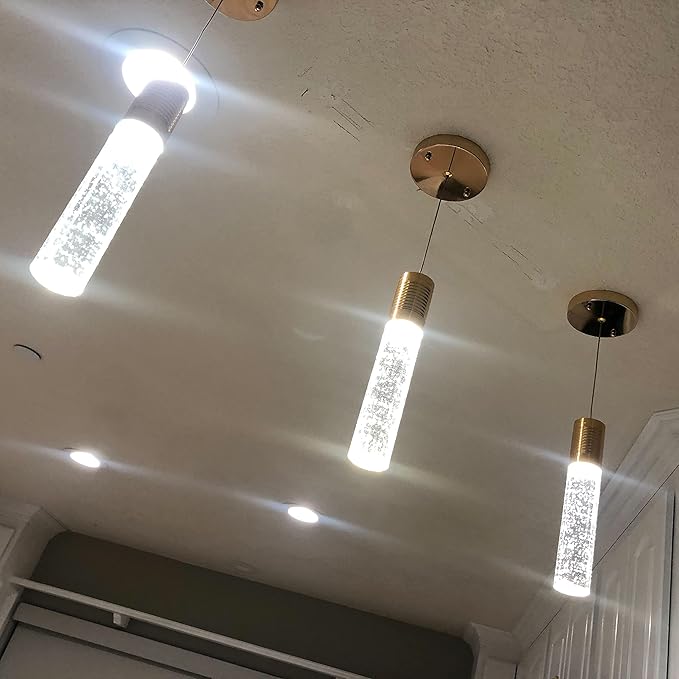 Set of 3 Pendant Lights for Kitchen Island, White Light, Gold Crystal Linear Pendant Lighting, Bar Corner LED Light Fixtures Glam Drop Light