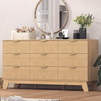 Fluted Dresser for Bedroom,9 Drawer Dresser for Closet,57" Wide Storage Cabinet and Chest of Drawers with Gold Handle,TV Stand,Storage Organizer for Living Room,Hallway,Entryway,Natural Oak