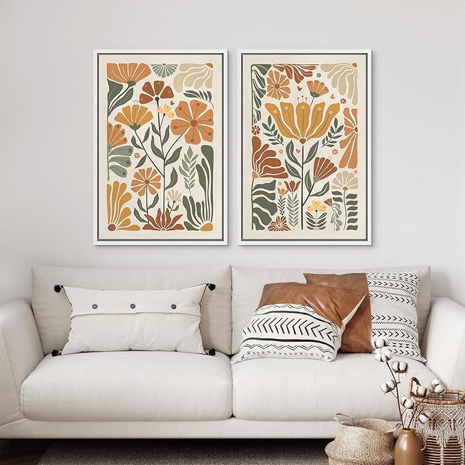 SIGNFORD Framed Canvas Print Wall Art Set Vintage Flower in Pastel Illustration Modern Art Decorative Nordic Nature for Living Room, Bedroom, Office - 16"x24"x2 White