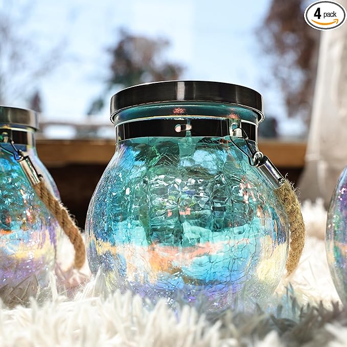 Cooo 4 Pack Solar Lantern Outdoor Waterproof Iridescent Crackle Glass with 215% Larger Solar Panel, Stainless Steel Lid – Rainbow Glass Hanging Light with Cool White LED for Garden Patio Table