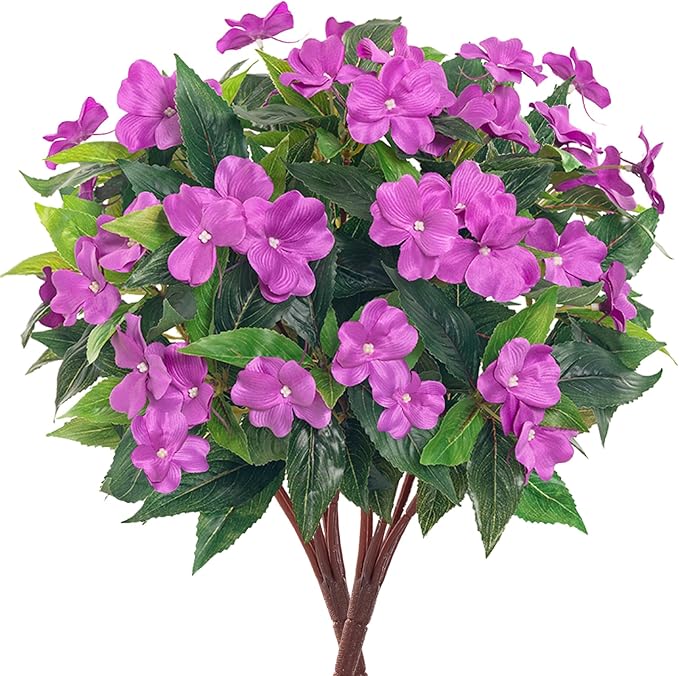 Artificial Impatiens Bouquet Flowers for Outdoors Silk Faux Flowers for Outdoor Impatiens Plants Decor Indoor Planters Kitchen Planters and Balcony Decorations 2PCS (Purple)