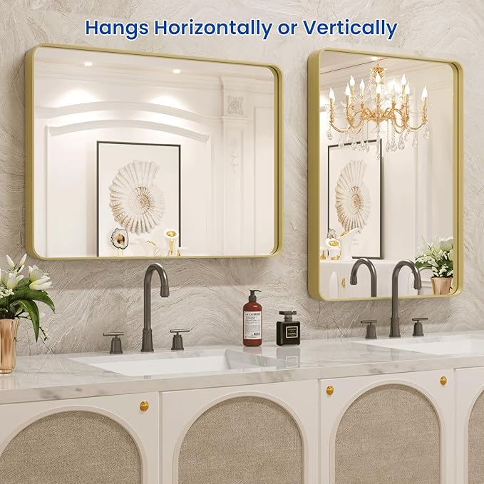 WEER Gold Bathroom Mirror, 20X30 Inch Brushed Gold Metal Frame Mirror, Rounded Rectangle Gold Bathroom Vanity Mirror for Wall, Tempered Glass, Anti-Rust, Hangs Horizontally or Vertically