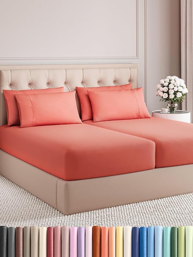 Split King Sheets Set 7 Piece - Includes 4 Pillowcases - Bed Sheets Split King - Soft Hotel Luxury Bedding - Cooling, Comfy & Breathable - 1 Flat & 2 Fitted & 4 Pillowcases w/ Deep Pockets - Coral