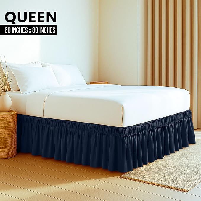 Utopia Bedding Queen Elastic Bed Ruffle - Easy Wrap Around Ruffle - Microfiber Bed Skirt with Adjustable Elastic Belt 16 Inch Tailored Drop - Hotel Quality Bedskirt, Fade Resistant (Queen, Navy)