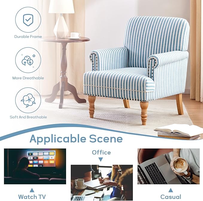 HUIMO Linen Fabric Accent Chair, Mid-Century Modern Armchair with Solid Wood Legs, Single Sofa Chair,Upholstered Reading Club Chair (1, Blue and White Stripe)