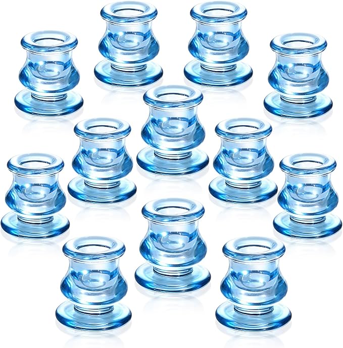 12pcs Blue Candlestick Holders, Blue Glass Candle Holders for Pillar Candles, Taper Candle and Tealight Candles, Taper Candle Holders for Wedding, Table Centerpiece