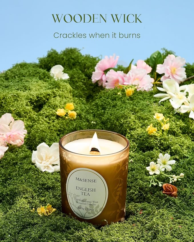 M&SENSE Earl Grey Tea Scented Candle, Cracking Wooden Wick Soy Wax, 18oz 100 Hours Long Lasting Clean Burn, Large Jar Candles for Home Decor, Non-Toxic Relaxing Aromatherapy Gifts for Women