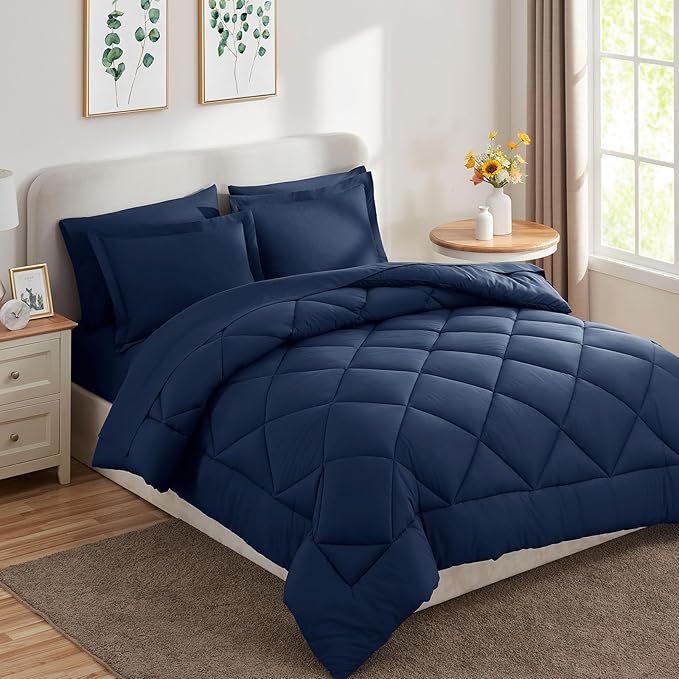 CozyLux Oversized King Comforter Set Navy Blue, 7 Pieces Bed in a Bag Comforter Set with Sheets Luxury Bed Set for All Seasons, Bedding Set with Down Alternative Comforter, Sheets, Pillowcases & Shams