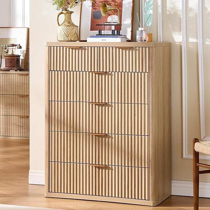 LEYAOYAO Fluted 6 Drawers Dresser for Bedroom Set of 2, 42" Tall Modern Chest of Drawers with Metal Handle, Curved Profile Design,Natural Wood Drawer Organizer for Bedroom, Living Room, Hallway