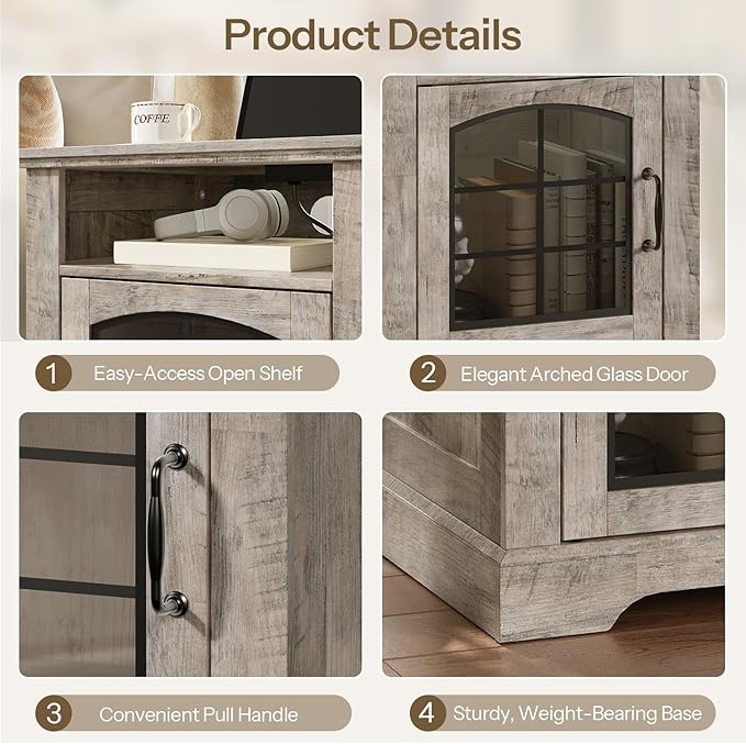 HOOBRO Farmhouse Nightstand Set of 2, with Charging Station, 17.7" Wide Rustic End Tables for Living Room, Wooden Sofa Side Table with Tempered Glass Barn Door and Open Shelf, Greige