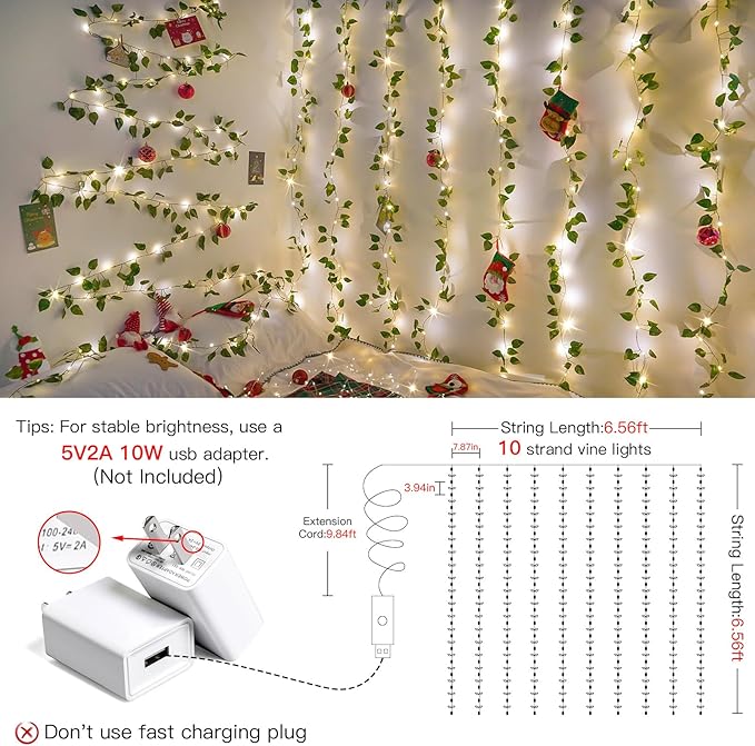 suddus Vines with Lights, 200 LED Fairy Lights with Vines, Pothos Curtain String Lights with Remote for Bedroom, Dorm, Wedding, Party, Wall, Indoor, Outdoor Decor, 6.5ft x 6.5ft