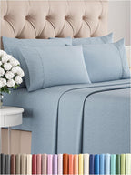 Queen Sheets Set 6 Piece - Includes 4 Pillowcases - Bed Sheets Queen Size - Soft Hotel Luxury Bedding - Cooling, Comfy & Breathable - 1 Flat & 1 Fitted & 4 Pillowcases w/ Deep Pockets - Heathered Blue