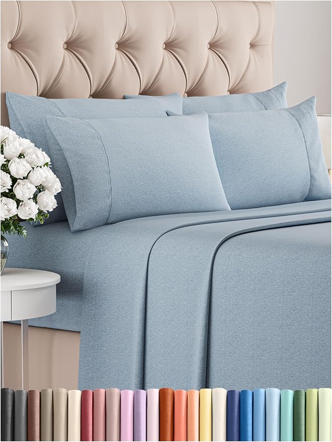 Full Sheets Set 6 Piece - Includes 4 Pillowcases - Bed Sheets Full Size - Soft Hotel Luxury Bedding - Cooling, Comfy & Breathable - 1 Flat & 1 Fitted & 4 Pillowcases w/ Deep Pockets - Heathered Blue