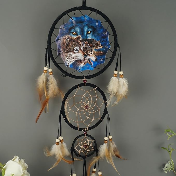 Remorelt Wolf Eagle Bear Dream Catcher Bedroom Wall Decor, Christmas Home Decoration, Room Accessory, White Moon Feather Decoration - Unique Home Craft Wall Pendant (DC08 6Inch Find 12 Wolves)