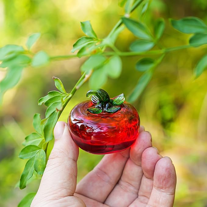 Hand Blown Glass Red Tomato Figurine Crystal Fruit Collectible Figurines Art Glass Miniature Ornament Tabletop Desk Paperweight for Women