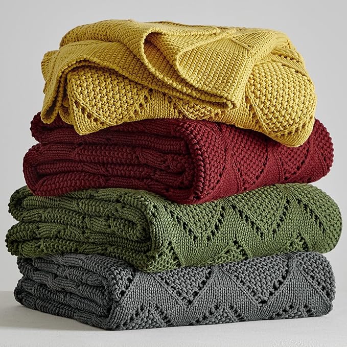 Longhui bedding Chunky Cotton Knit Throw Blanket for Couch, Sofa, Bed, or Chair, Decorative Breathable Fall Cable Knit Blanket 51 x 63 Inches, Medium Weight Mustard Yellow