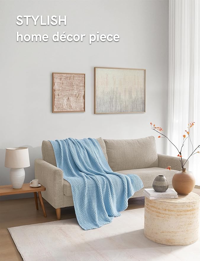 YnM Chunky Cotton Knit Throw Blanket, Cable Knit Throws for Bed Couch Sofa, Comfy & Relaxing, Decorative Piece for Farmhouse Modern Boho Rustic Scandinavian Chic Vibe, Aqua Blue 60x80 Inches