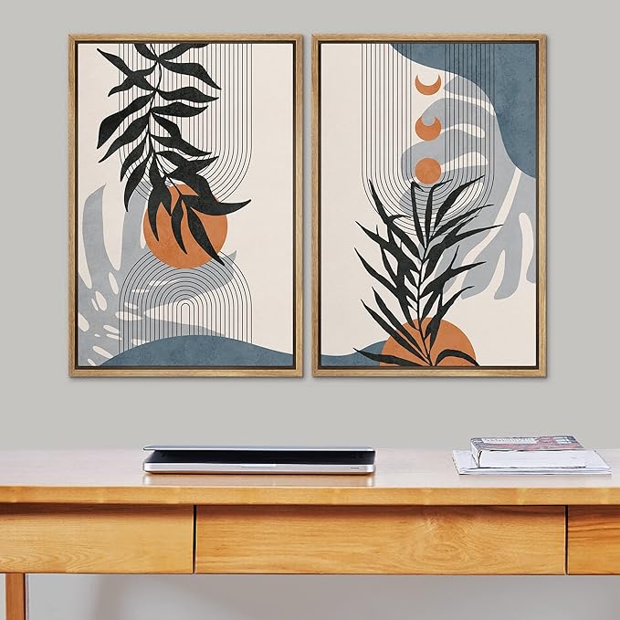 SIGNFORD Framed Canvas Print Wall Art Forest Plant Silhouettes & Mid-Century Symbols Abstract Shapes Illustrations Modern Boho Nature Chic for Living Room, Bedroom, Office - 24"x36"x2 Natural