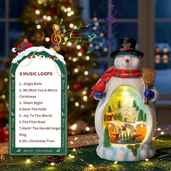 Snowman Figurine Lighted Christmas Village with Animated Rotating Train - Battery or USB Powered Snowman Decor Ornaments, LED Lights & Festive Music for Tabletop Home Holiday Collection Decorations