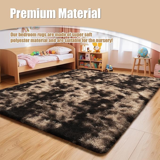 Shag Area Rug for Bedroom 5x8,Fluffy Area Rugs for Living Room,Soft Fuzzy Rug Non-Shedding Indoor Plush Carpet for Kids Bedroom Nursery Dorm Home Decor,Tie-Dyed Coffee